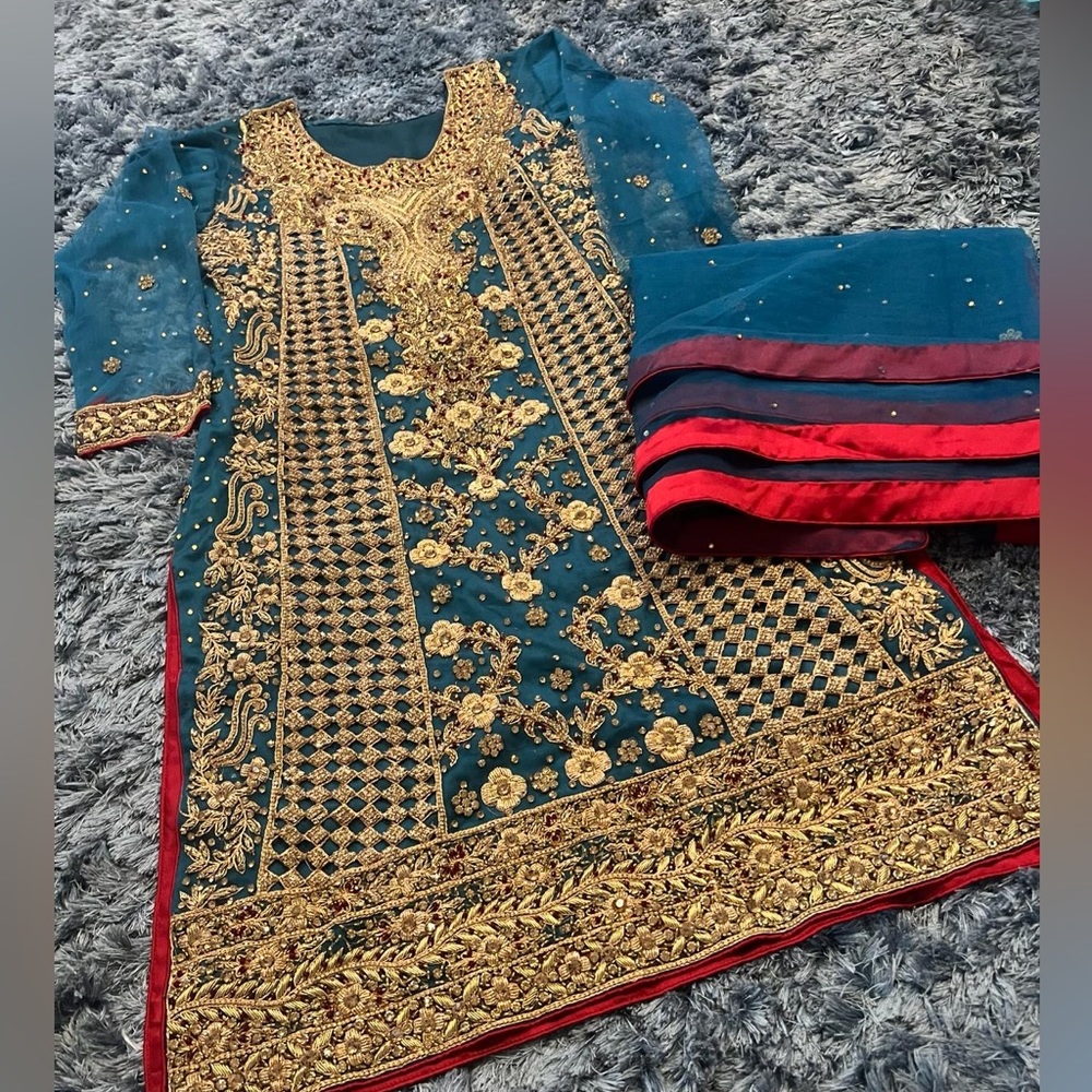 Formal sharara pakistani Indian wedding wear - teal color. Small size